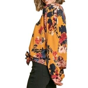 UMGEE Large Mustard Floral V-Neck Front Tie‎ Blouse Peasant Sleeves